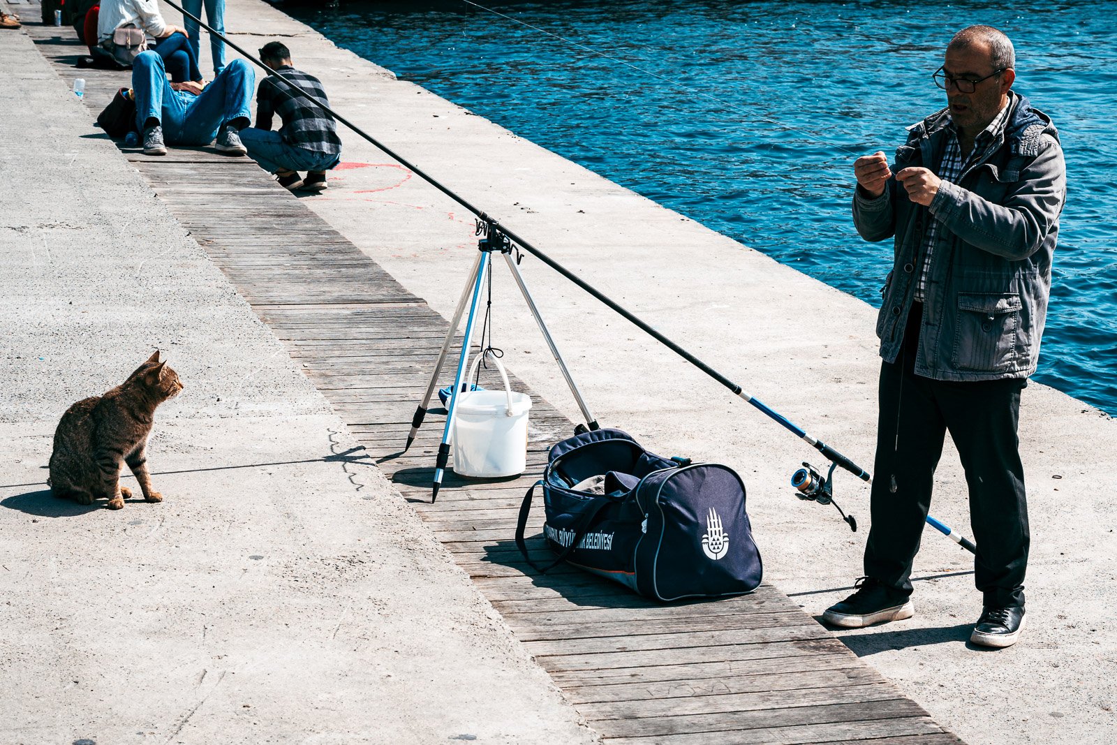 Fisherman and a stray cat on the Galata Bridge, Istanbul, Turkey
