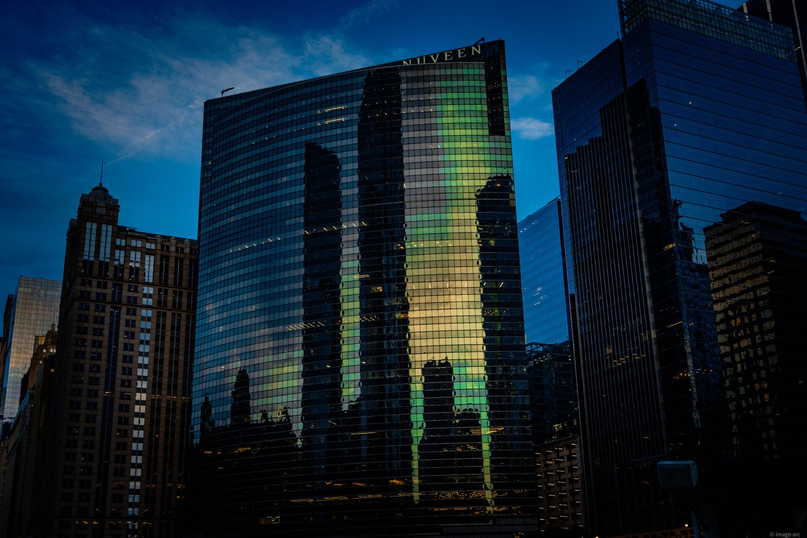 Glass and steel reflections on a Chicago skyscraper, architectural photography